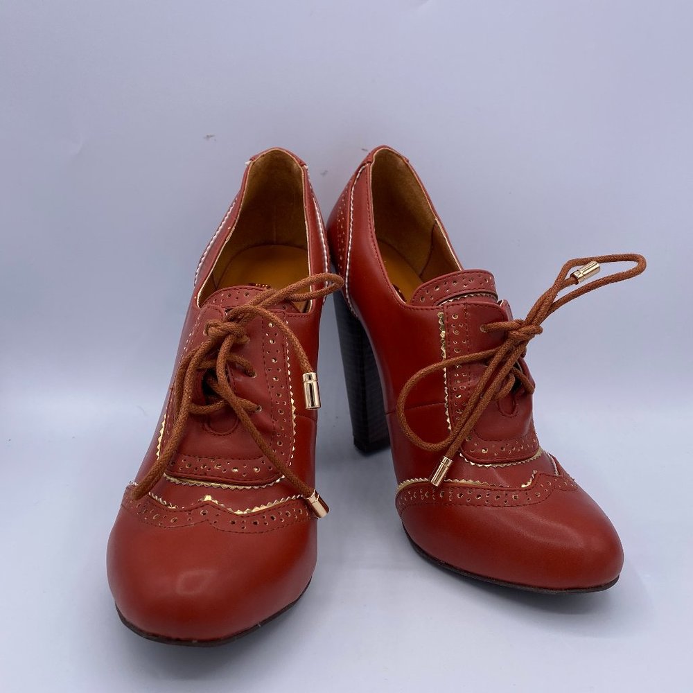 FSJ Brown Pointy Toe Chunky Oxford Booties Lace Up